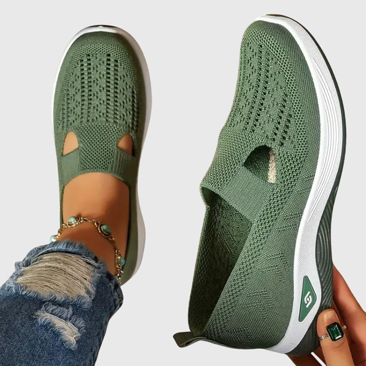 A woman out for a long walk in supportive orthopaedic walking shoes.