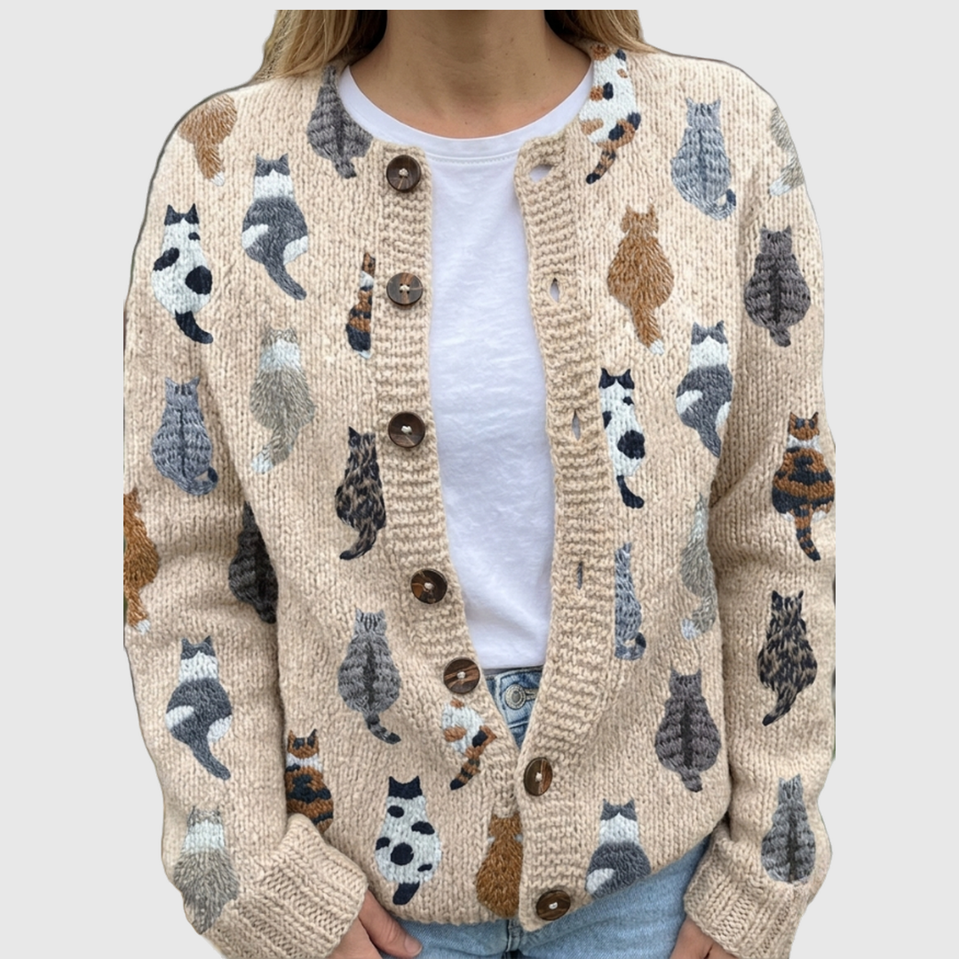 Susan cardigan with playful cats in soft greys and browns – Michael Toronto