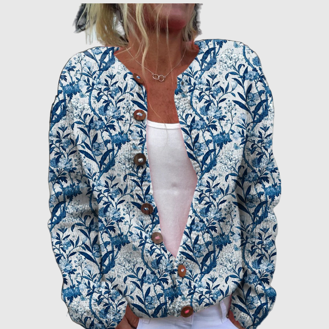 Wendy cardigan with artful blue leaves and vines on white – Michael Toronto