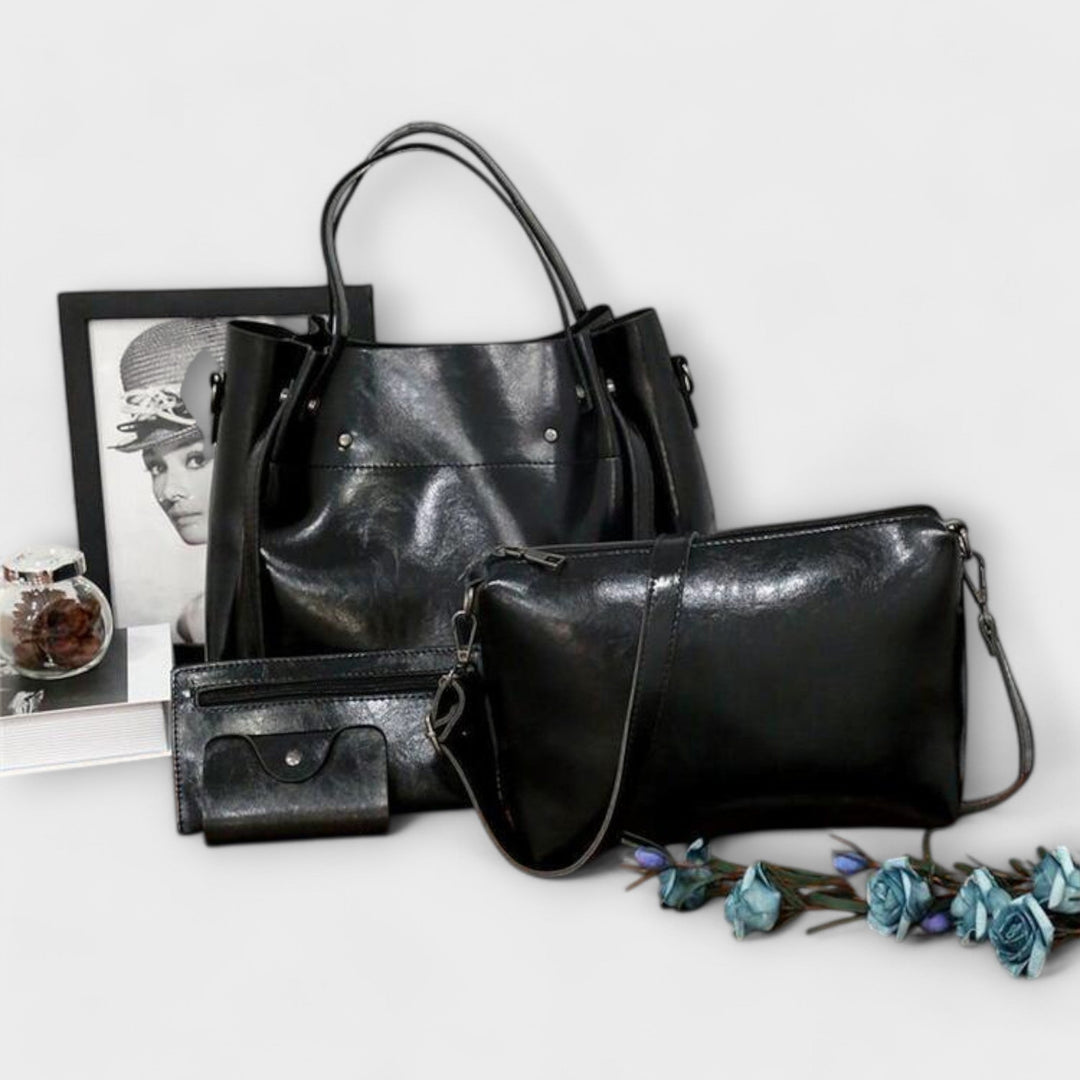 A woman carrying a coordinated vintage-style four-piece bag set on a day out