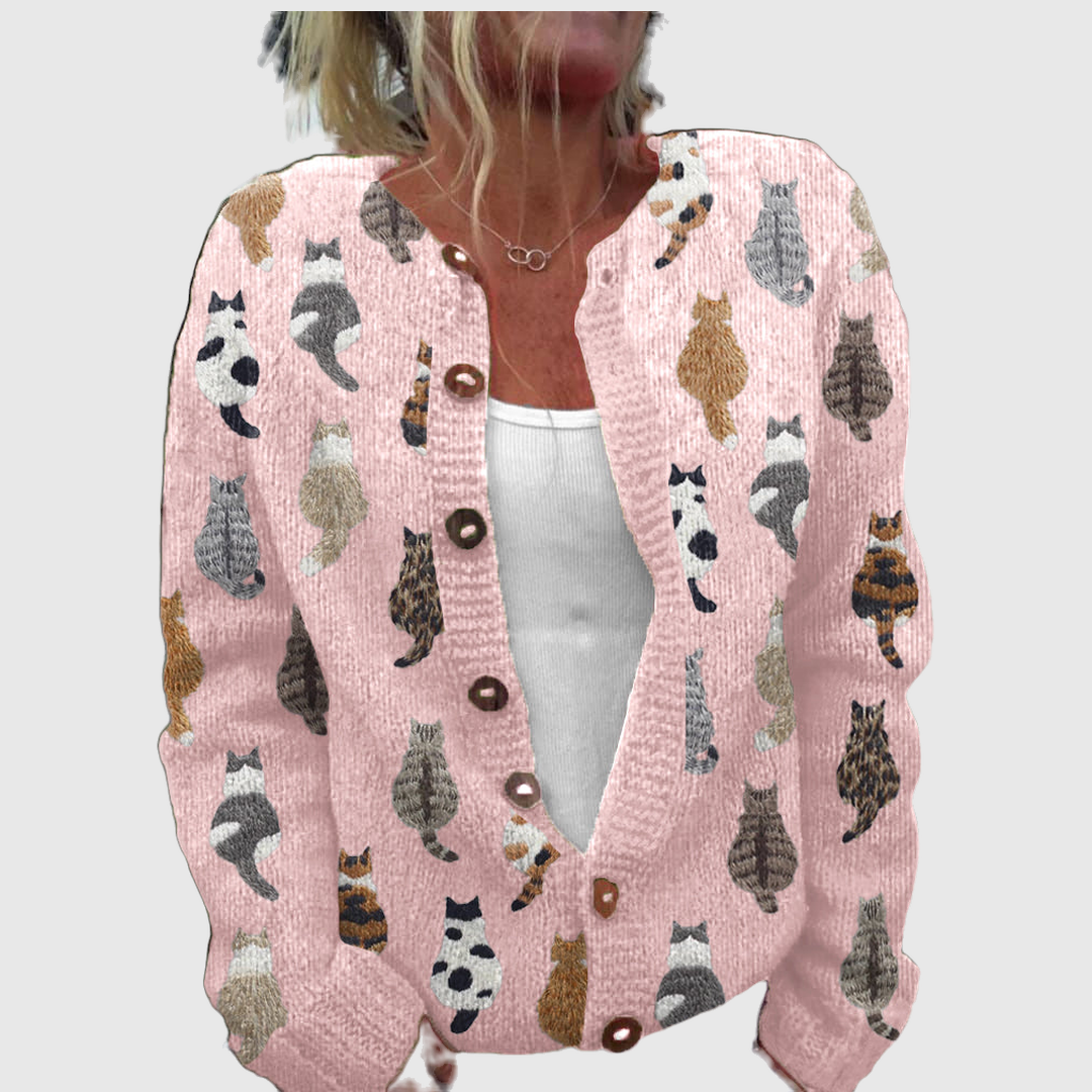 Susan cardigan with playful cats in soft greys and browns – Michael Toronto