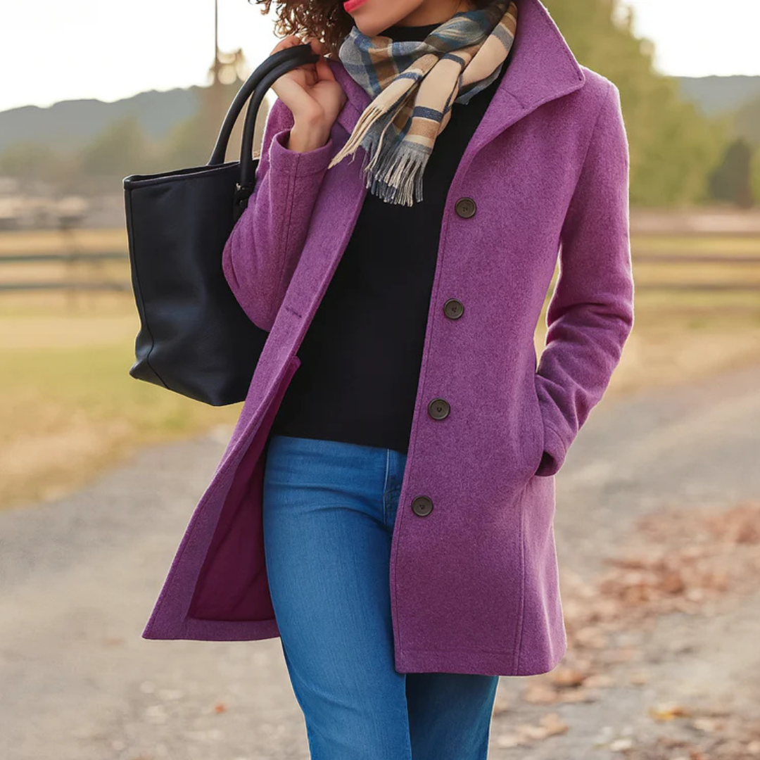 A woman wearing an elegant camel button-through coat over a sweater on a crisp fall day.