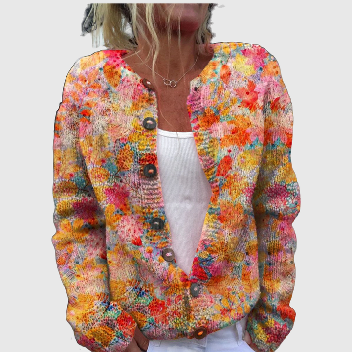 Donna cardigan with a lively burst of blooms in pink, orange and yellow – Michael Toronto