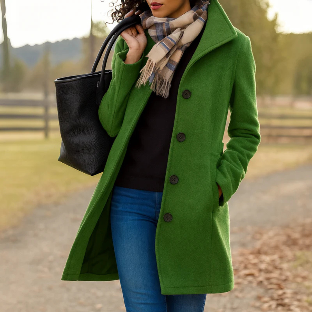 A woman wearing an elegant camel button-through coat over a sweater on a crisp fall day.