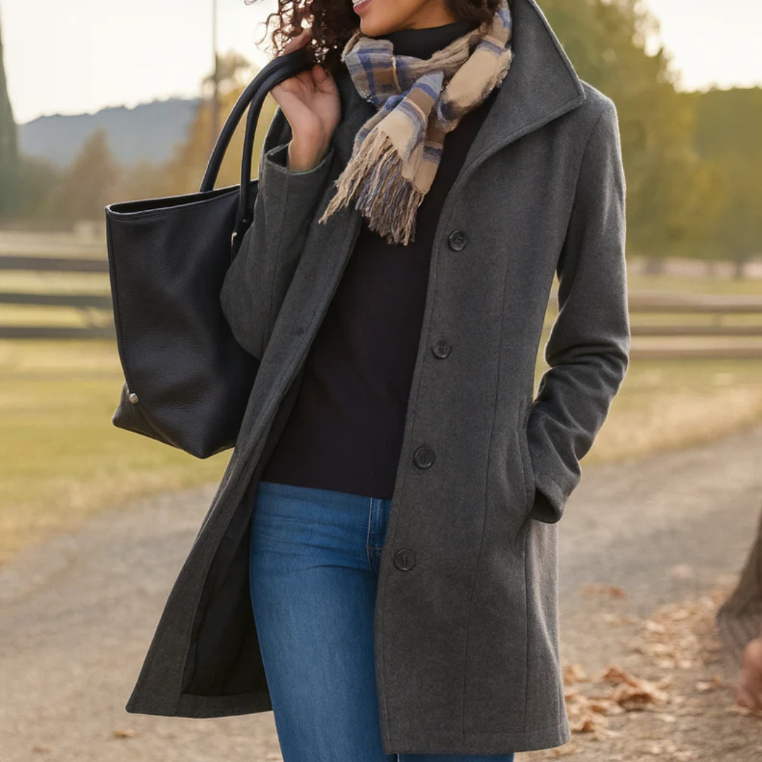 A woman wearing an elegant camel button-through coat over a sweater on a crisp fall day.