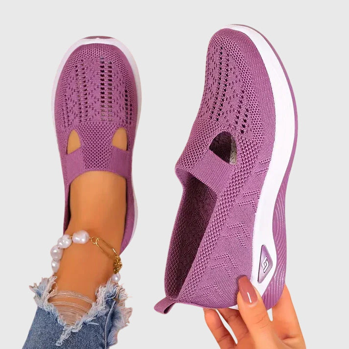 A woman out for a long walk in supportive orthopaedic walking shoes.