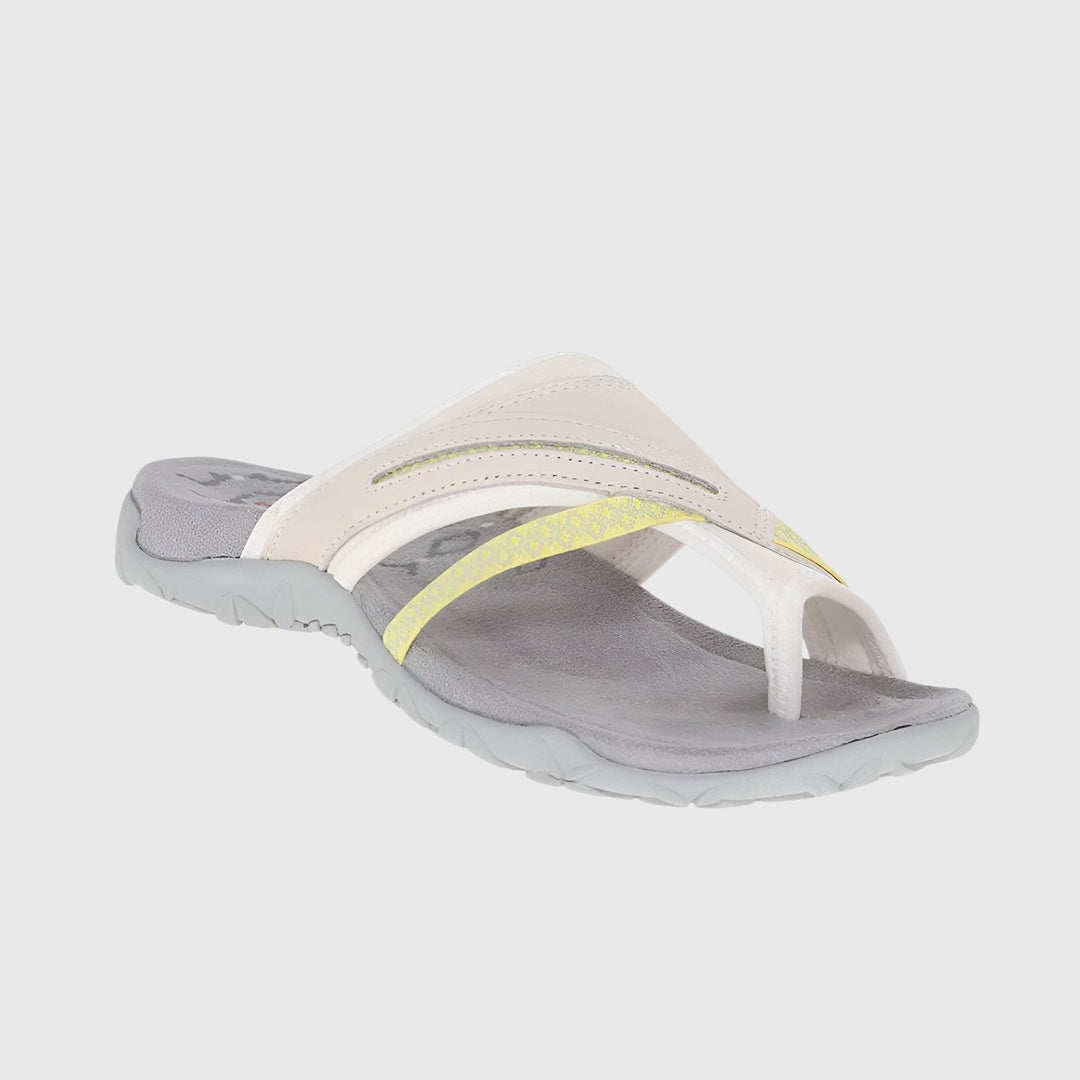 A woman wearing open-toe supportive sandals with a light summer outfit, walking comfortably and looking confident.