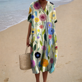 A woman in an easy, flowing summer dress with a fine print, comfortable on a relaxed day out.