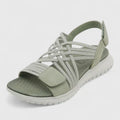 Blue open-toe sandals with woven stretch straps and a broad, cushioned white sole.