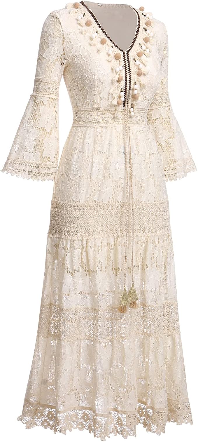 Woman twirling in the Genevieve romantic boho maxi dress with delicate floral detailing and a ruffled hem.