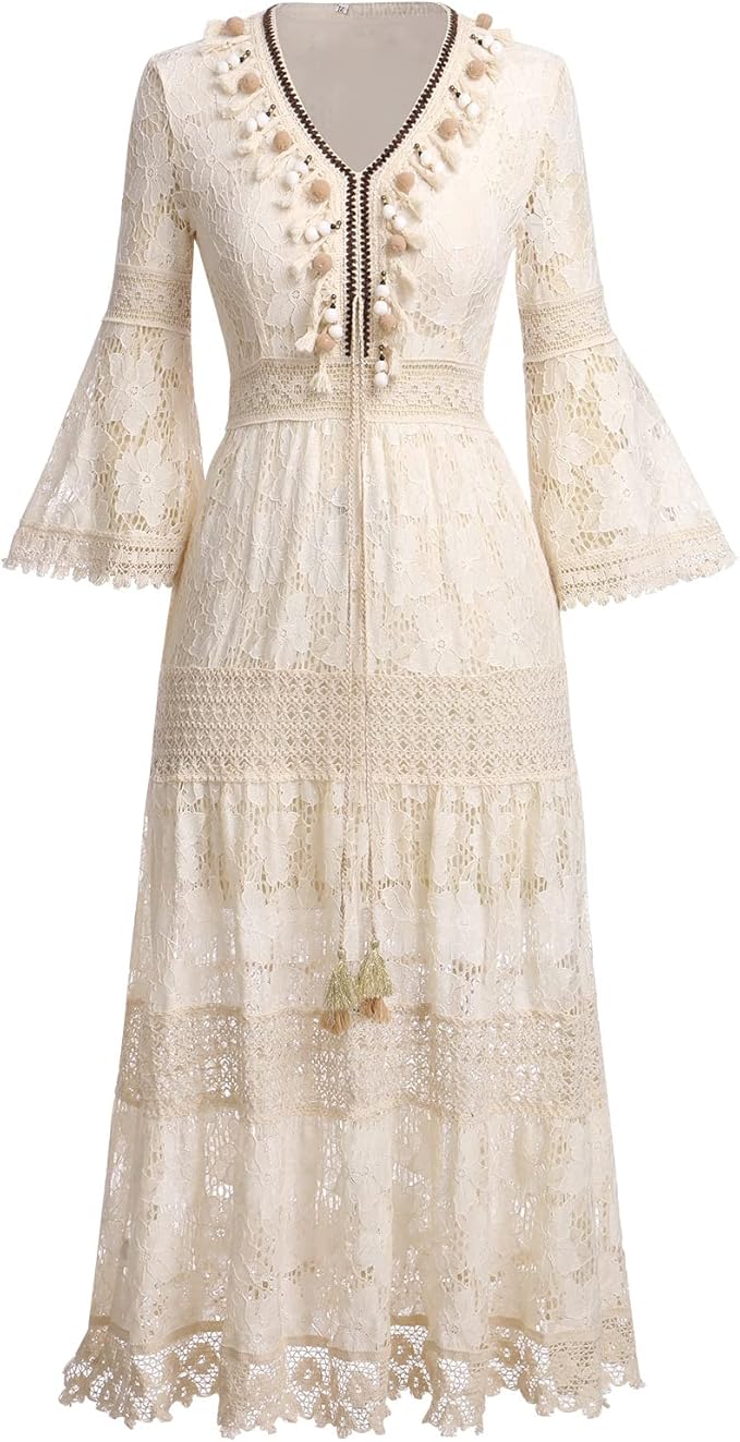 Woman twirling in the Genevieve romantic boho maxi dress with delicate floral detailing and a ruffled hem.