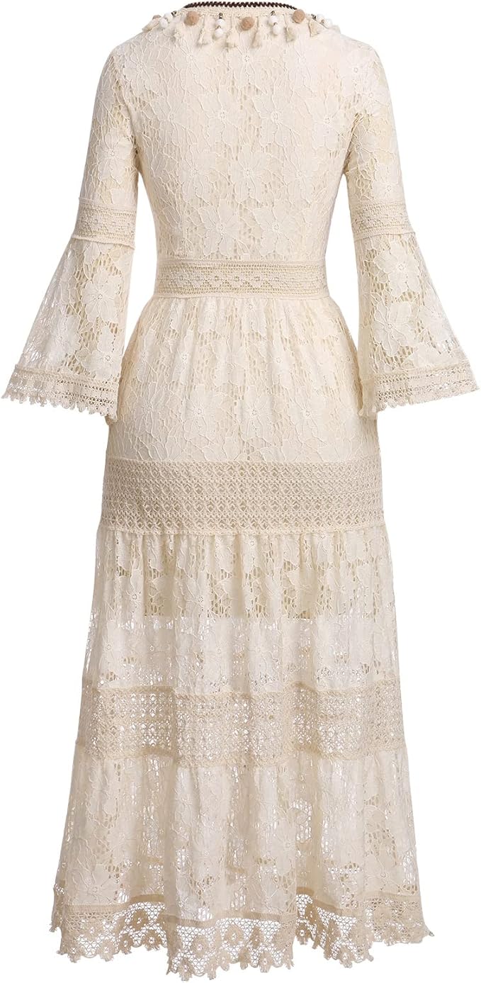 Woman twirling in the Genevieve romantic boho maxi dress with delicate floral detailing and a ruffled hem.