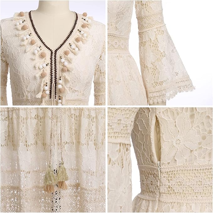 Woman twirling in the Genevieve romantic boho maxi dress with delicate floral detailing and a ruffled hem.