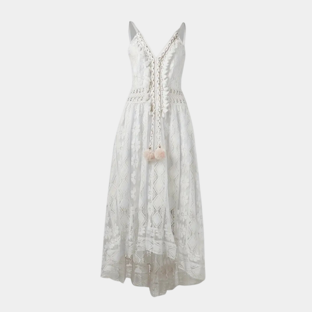 Woman wearing the Jill™ elegant boho midi dress with intricate detailing and a V-neckline at a summer garden party.