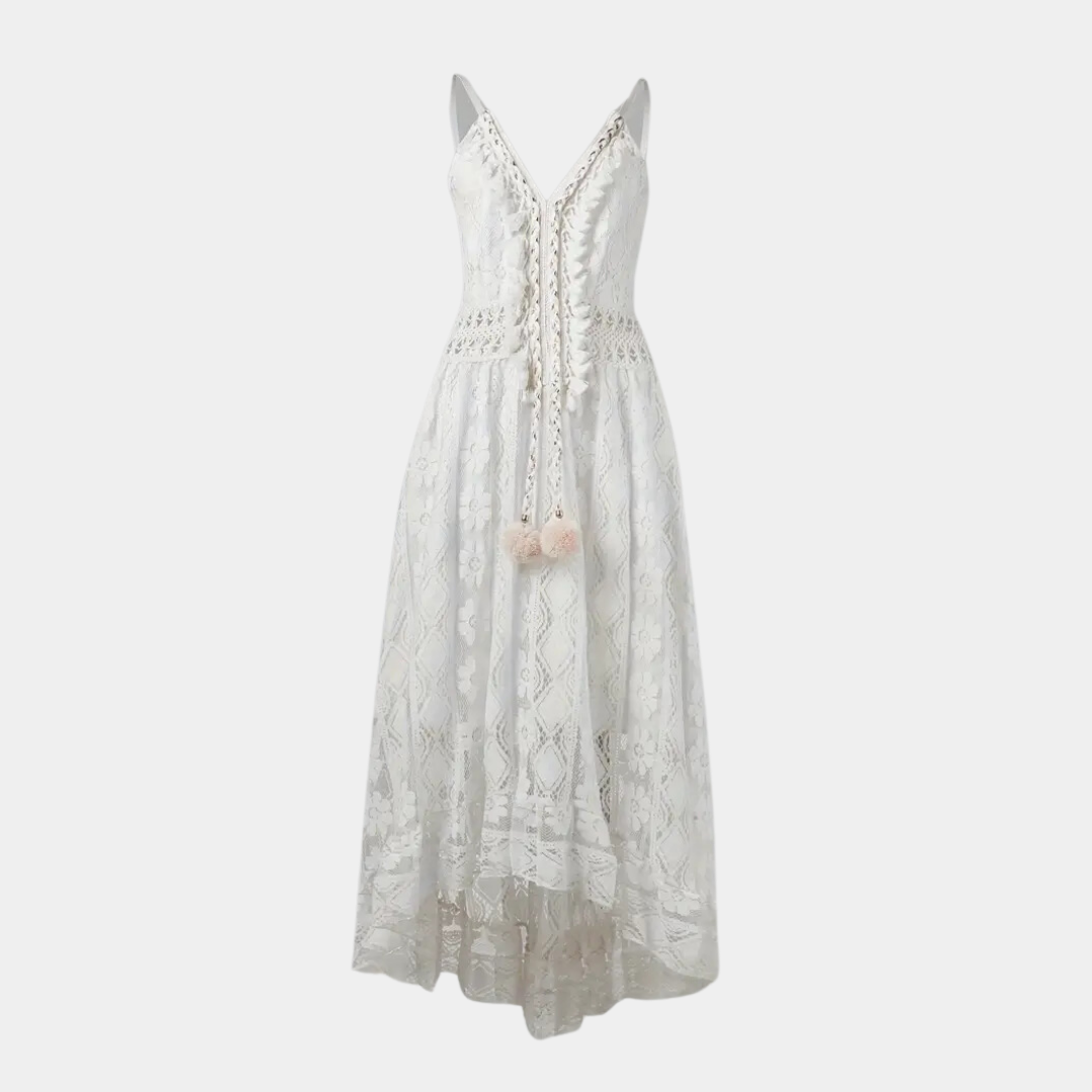 Woman wearing the Jill™ elegant boho midi dress with intricate detailing and a V-neckline at a summer garden party.