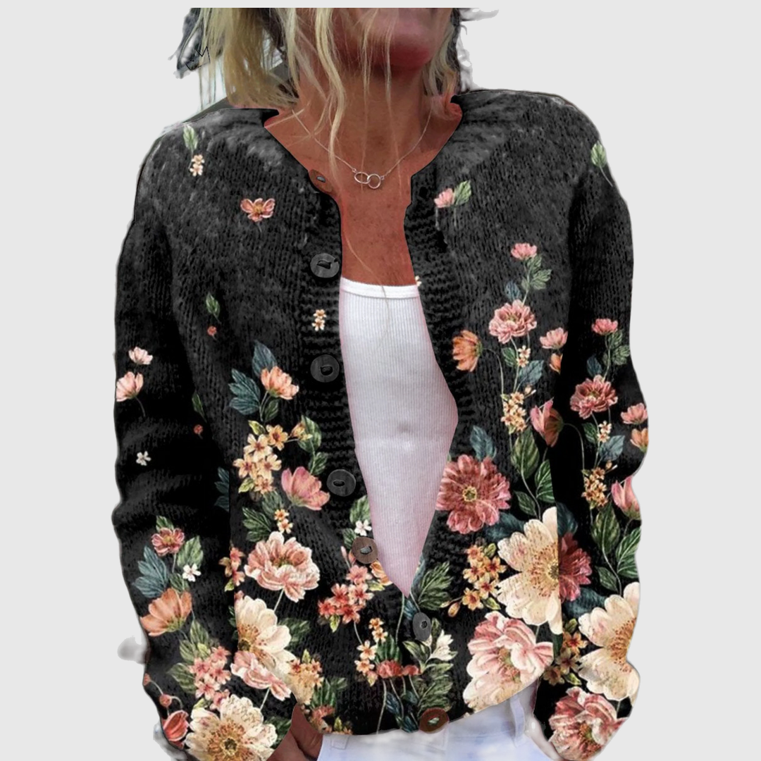 Brenda cardigan with lush roses in rose and peach on deep black – Michael Toronto