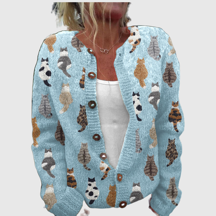 Susan cardigan with playful cats in soft greys and browns – Michael Toronto