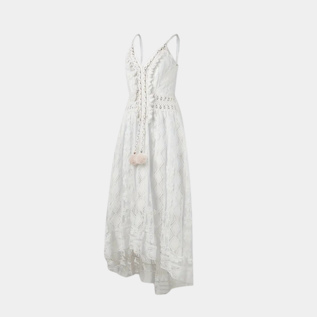 Woman wearing the Jill™ elegant boho midi dress with intricate detailing and a V-neckline at a summer garden party.