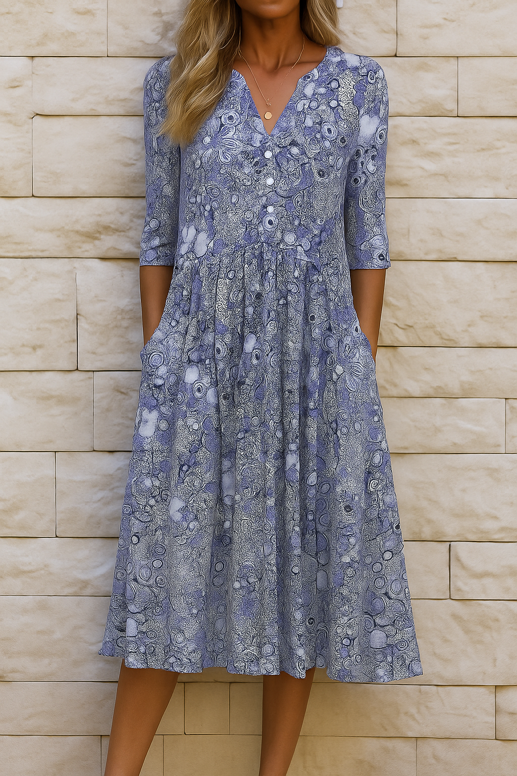 Woman wearing the Sandra elegant V-neck dress with three-quarter sleeves, walking through a city street.