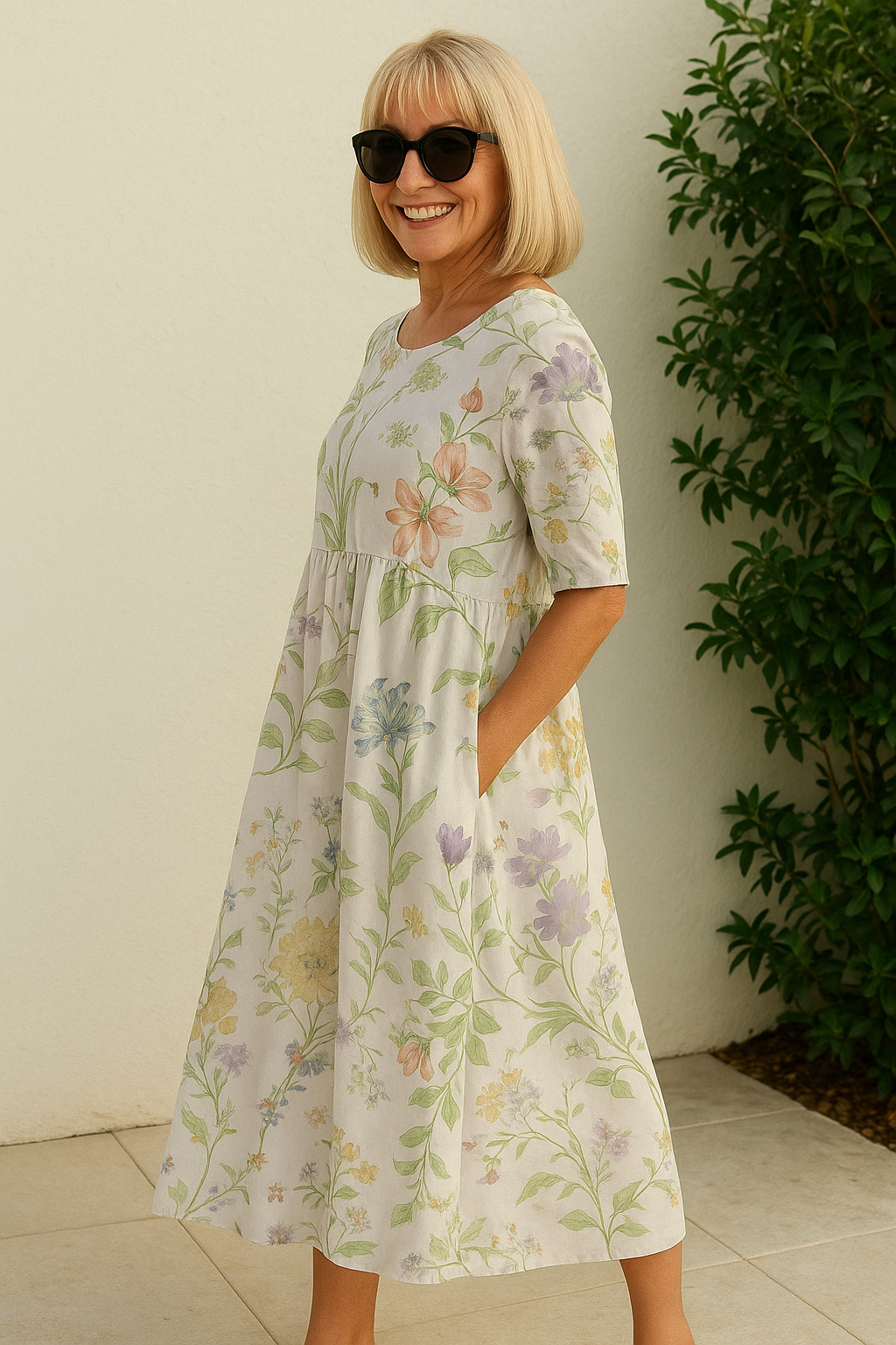 A woman wearing the Elizabeth relaxed floral midi dress with an A-line skirt, out for a daytime stroll.