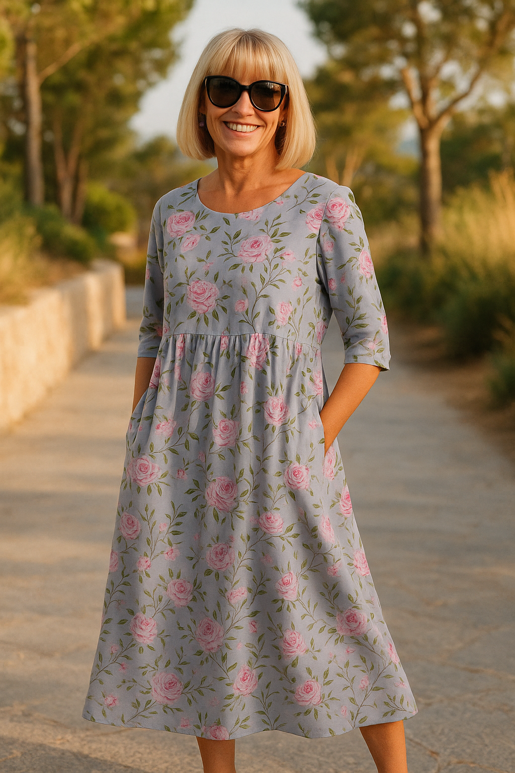 A woman wearing the Elizabeth relaxed floral midi dress with an A-line skirt, out for a daytime stroll.