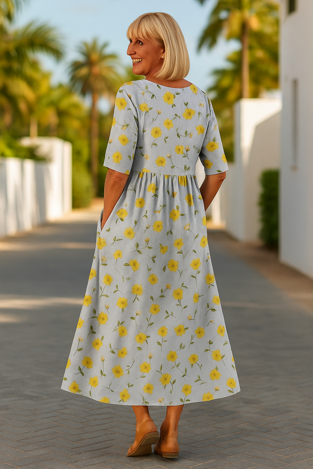 A woman wearing the Elizabeth relaxed floral midi dress with an A-line skirt, out for a daytime stroll.