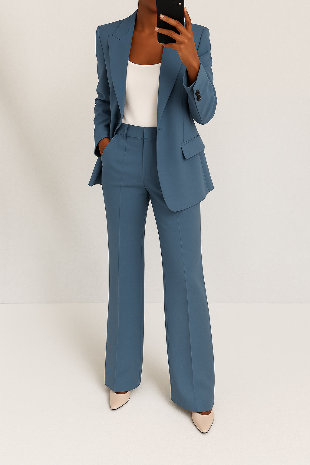 A woman wearing a tailored slim-fit blazer with matching pants.
