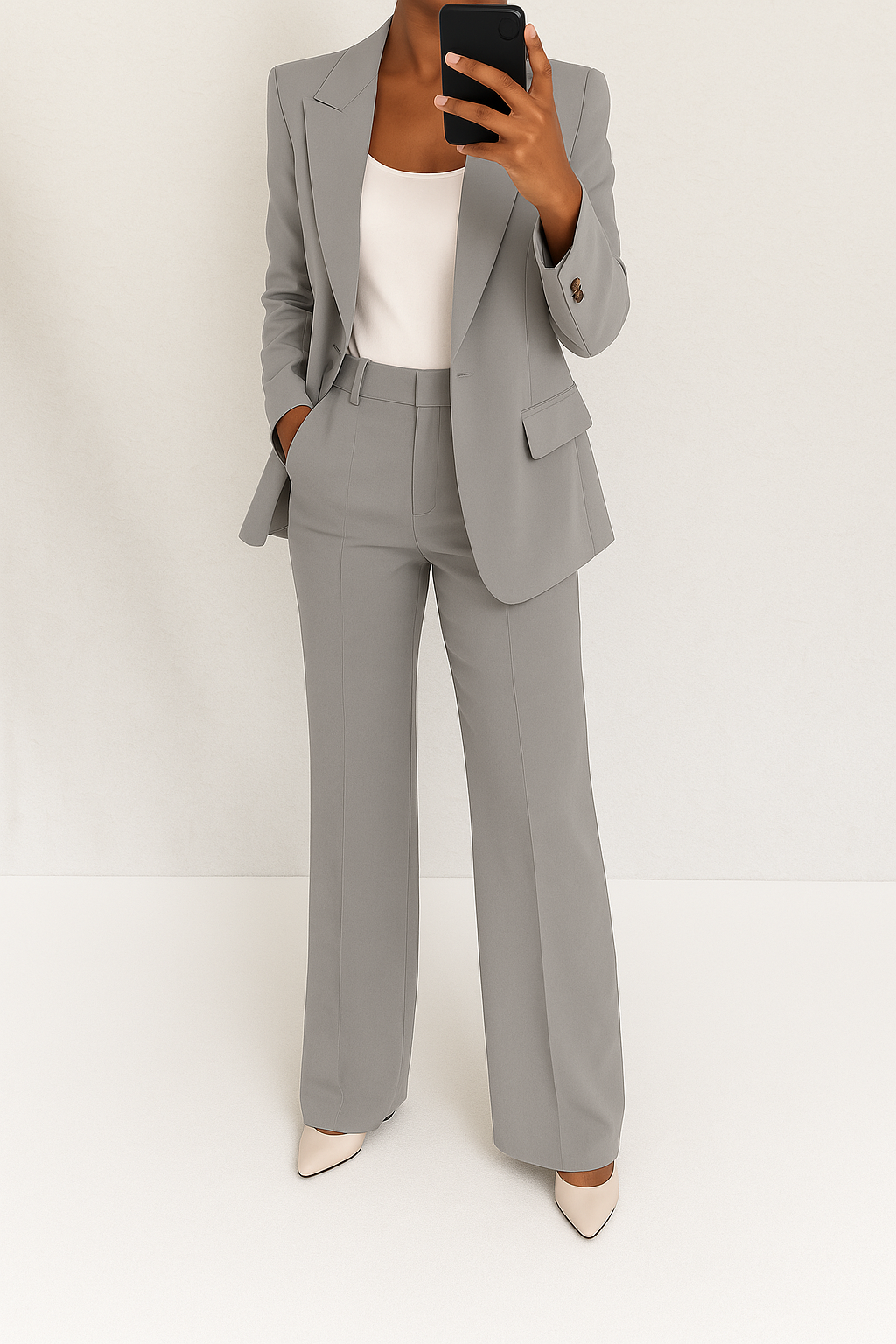 A woman wearing a tailored slim-fit blazer with matching pants.