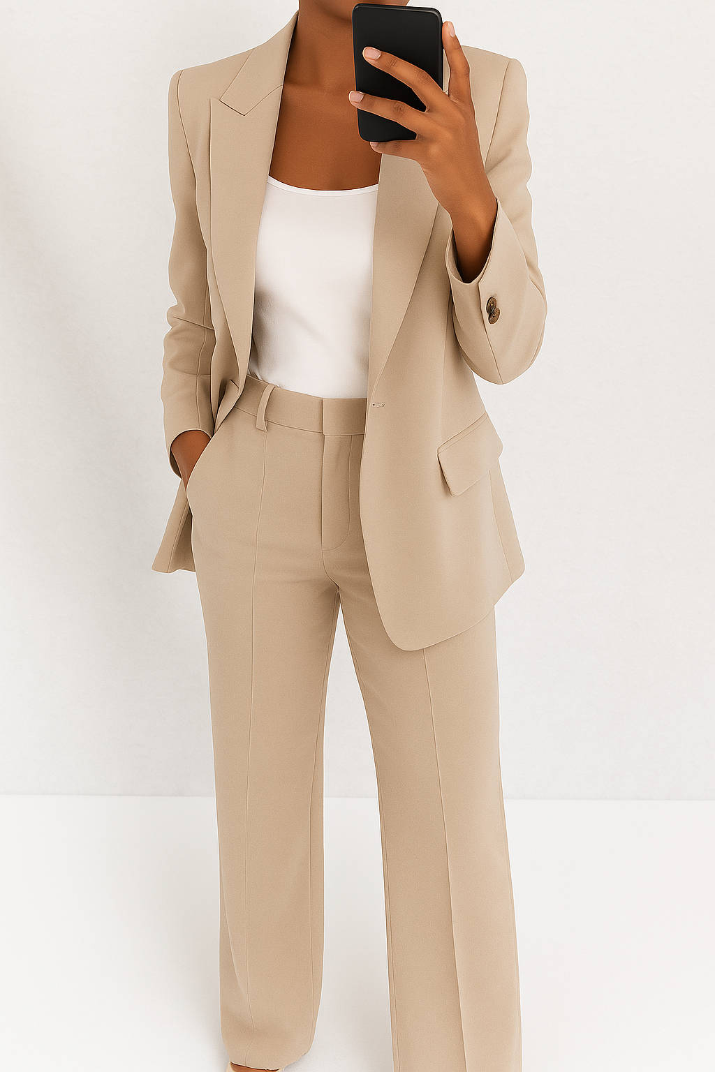 A woman wearing a tailored slim-fit blazer with matching pants.