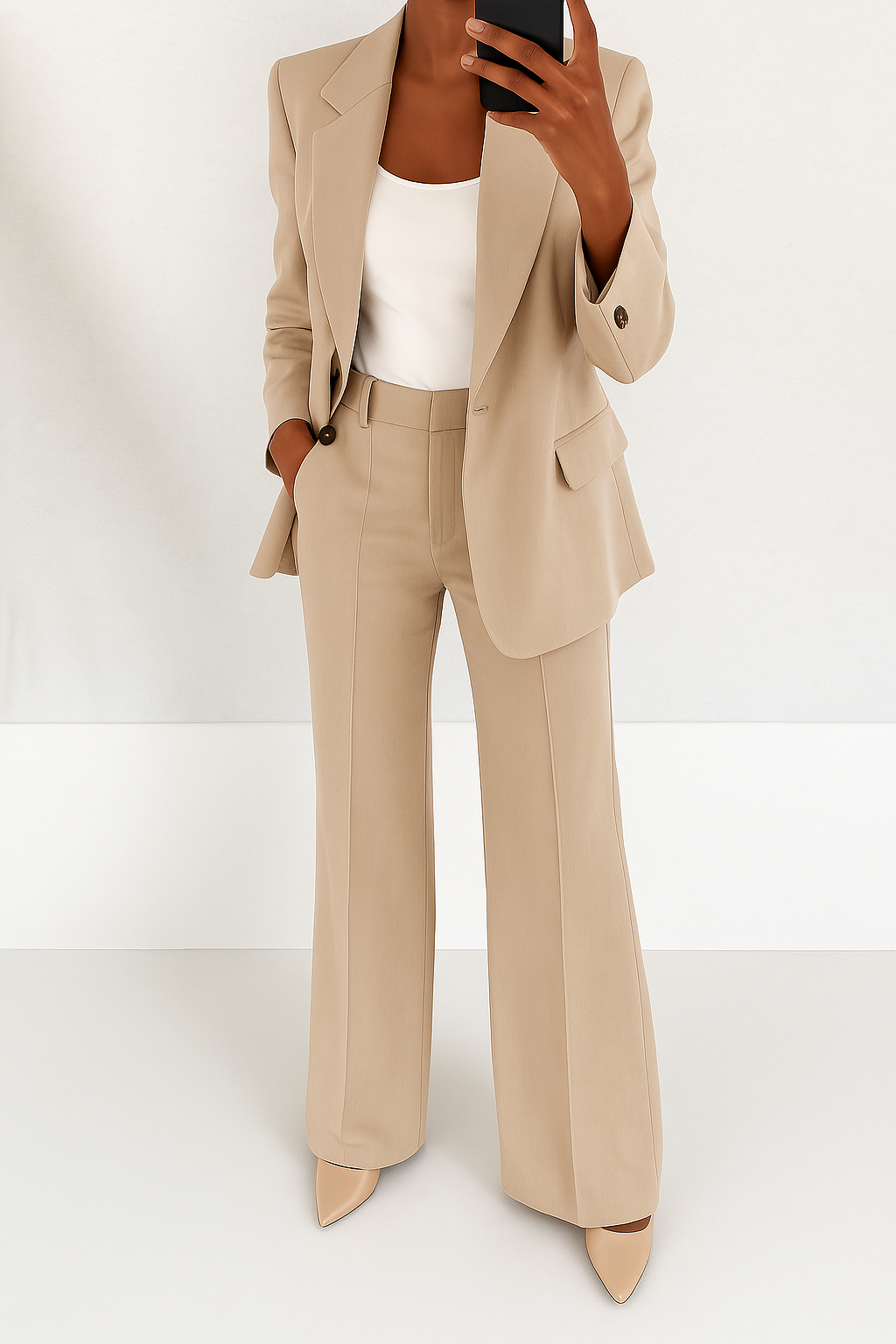 A woman wearing a tailored slim-fit blazer with matching pants.