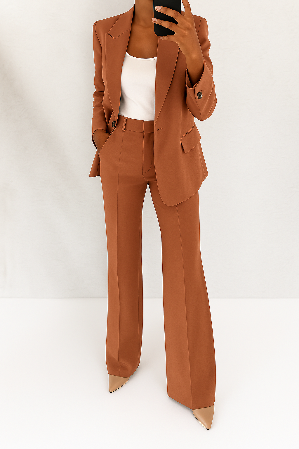 A woman wearing a tailored slim-fit blazer with matching pants.
