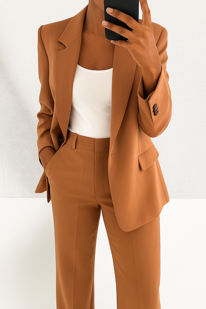 A woman wearing a tailored slim-fit blazer with matching pants.