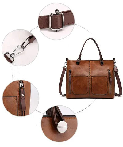 A woman holding a versatile classic handbag with a rich finish by her side