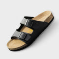 A woman strolling in the sunshine wearing supportive, cushioned everyday comfort sandals.