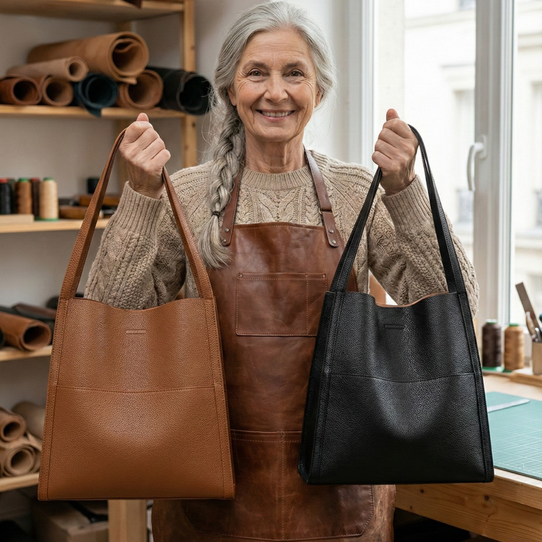 A woman carrying an elegant shoulder bag with clean lines over one shoulder in town