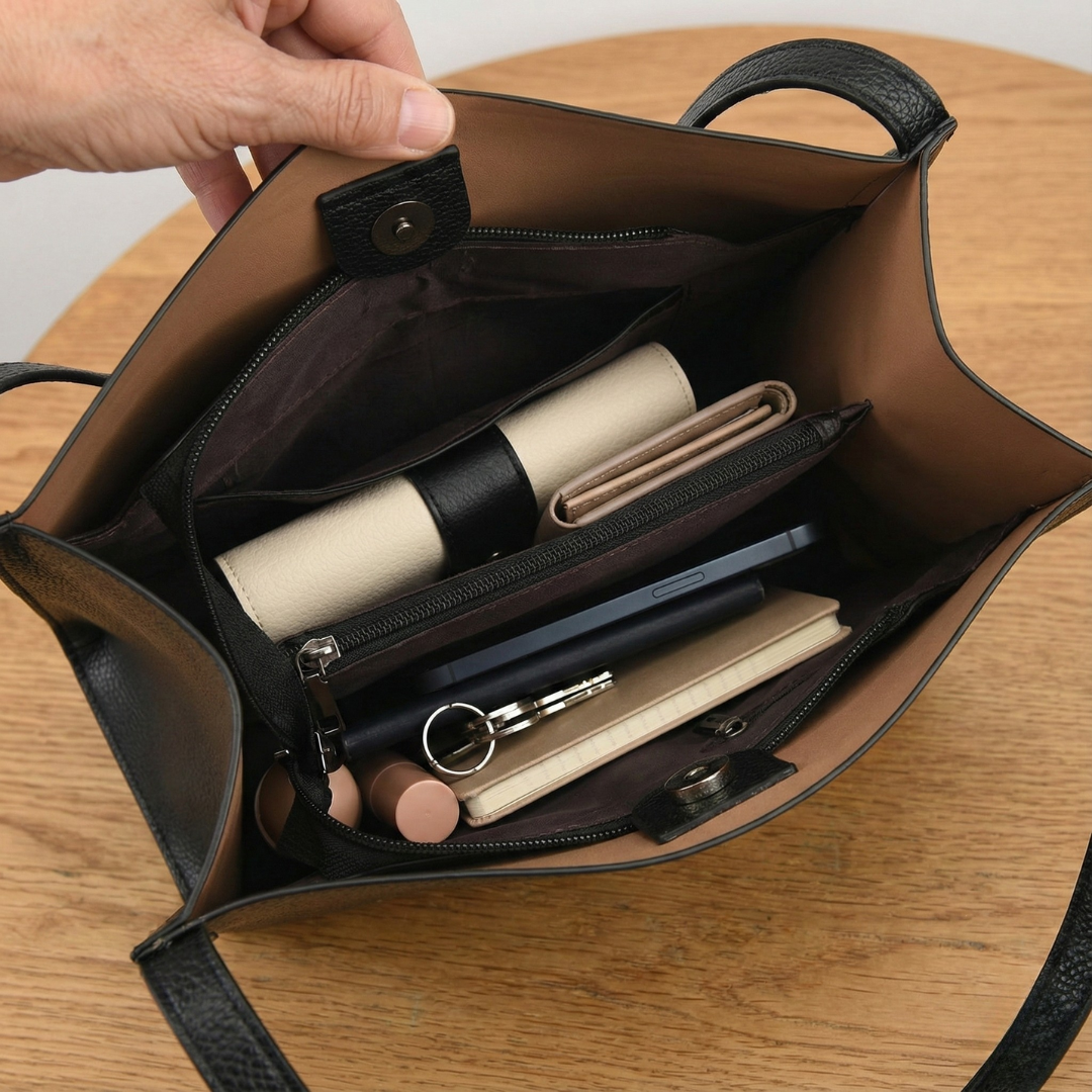 A woman carrying an elegant shoulder bag with clean lines over one shoulder in town