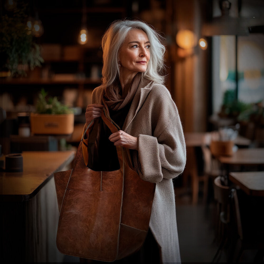 A woman carrying a vintage-style bag with a rich finish on a day out