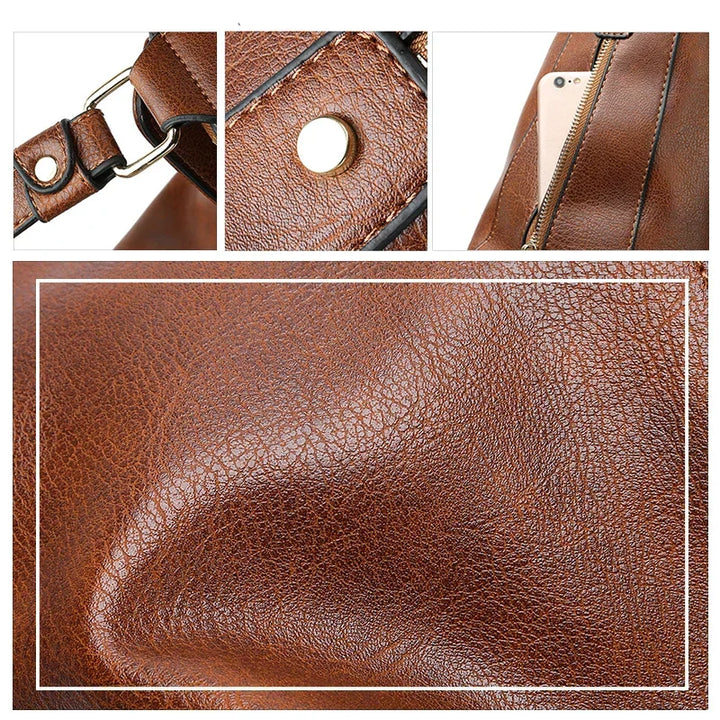 A woman holding a timeless classic handbag with a rich finish by her side