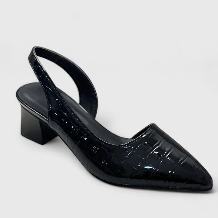 A glossy black croc-effect pointed-toe slingback with a low block heel, shown at an angle.
