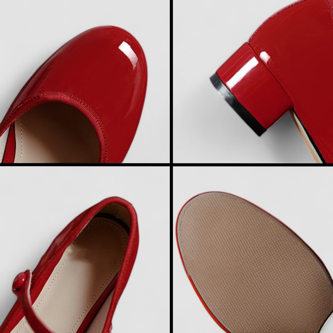 A woman wearing glossy black Mary Jane shoes with a low block heel, comfortable and steady during a day of errands.
