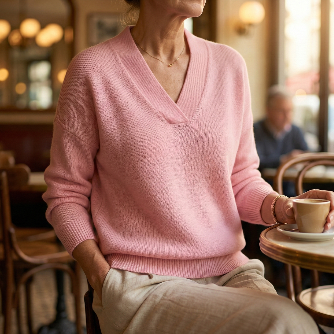 A woman wearing a soft draped V-neck sweater with jeans for an effortlessly elegant look.