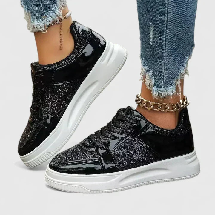 A woman wearing cushioned orthopaedic comfort shoes