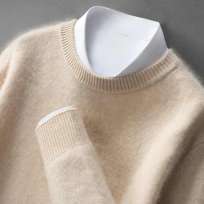 A woman wearing a soft warm sweater layered over a shirt on a cold day.