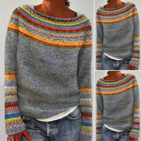 A woman wearing a retro sweater with a colourful Nordic pattern, cosy for fall.