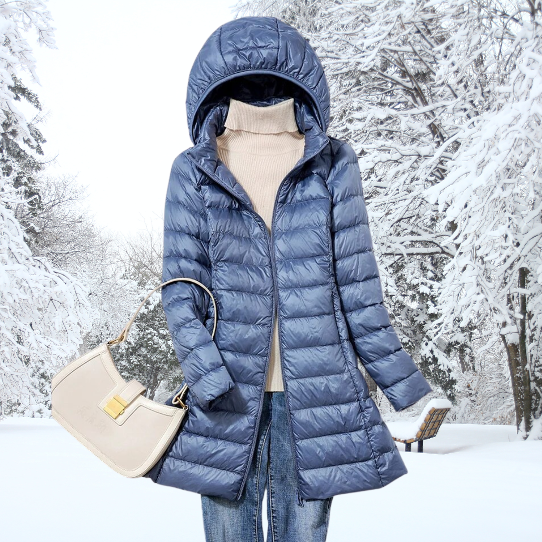 A rail of ultra-light padded hooded coats in pink, red, khaki and black, knee-skimming in length.