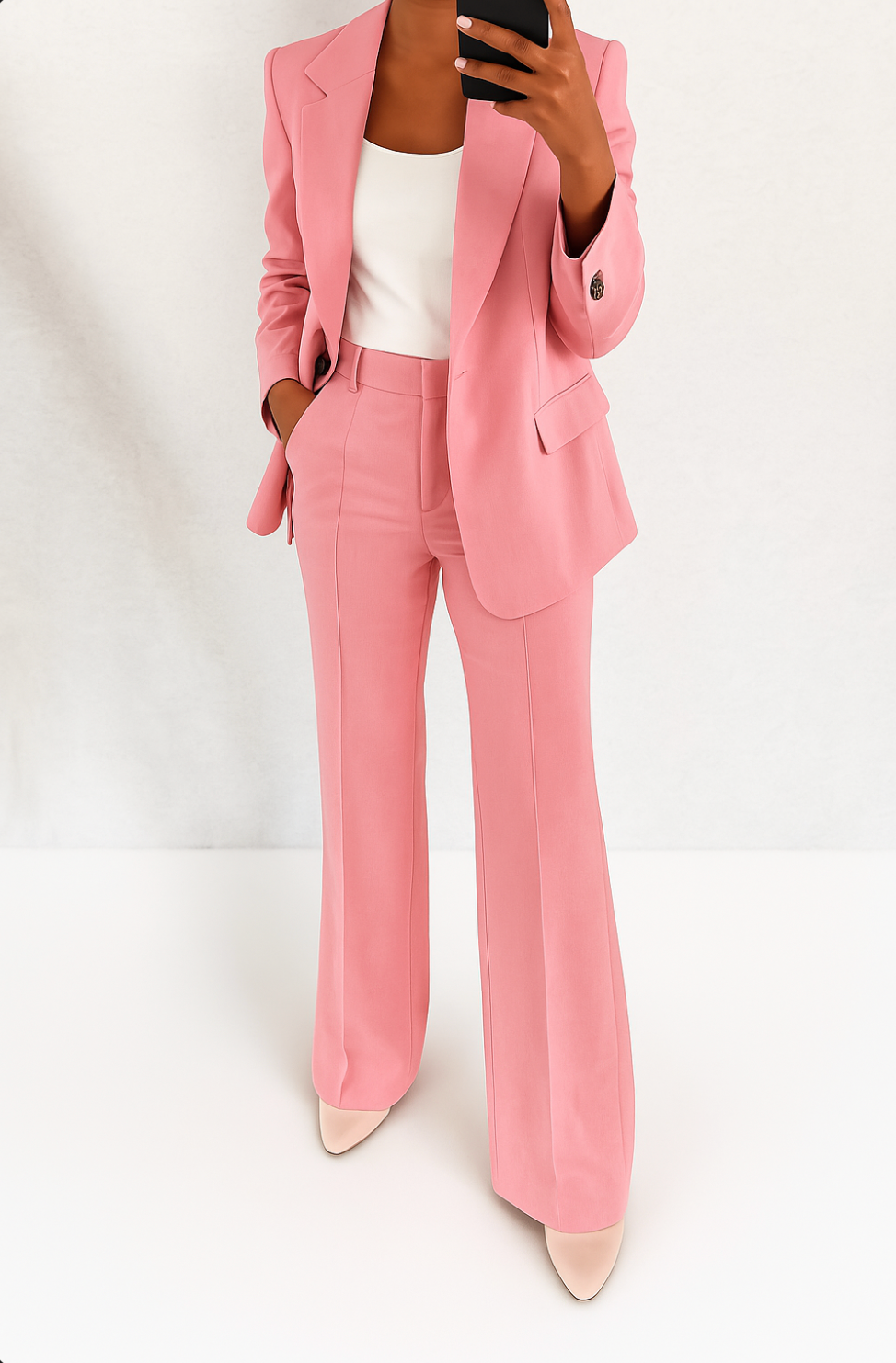 A woman wearing a tailored slim-fit blazer with matching pants.