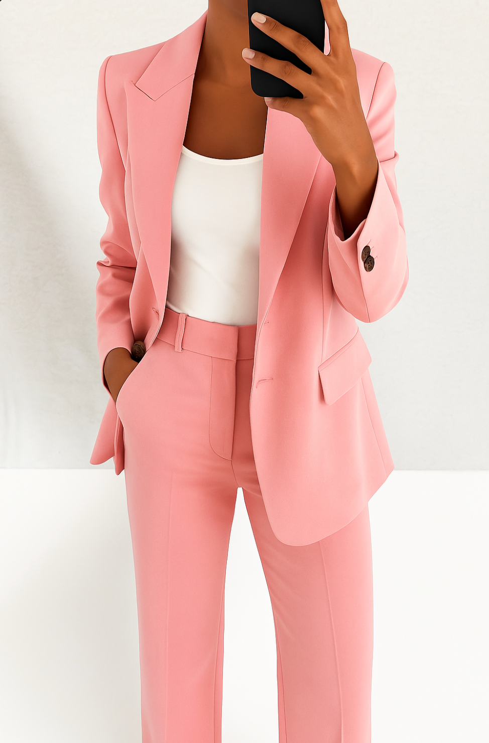 A woman wearing a tailored slim-fit blazer with matching pants.