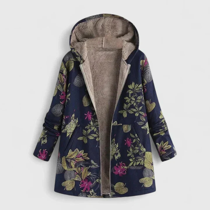 A cream hooded jacket with an all-over orange and green floral print and a soft lining.
