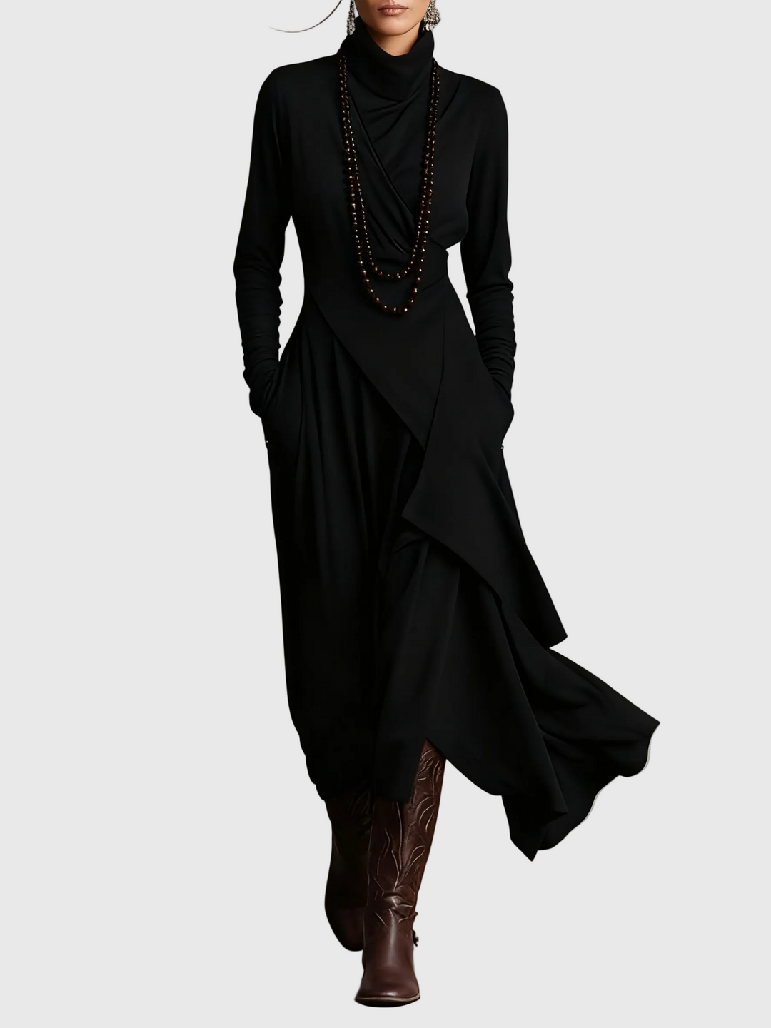 Woman wearing the Nancy draped high-neck maxi dress in violet with ankle boots.