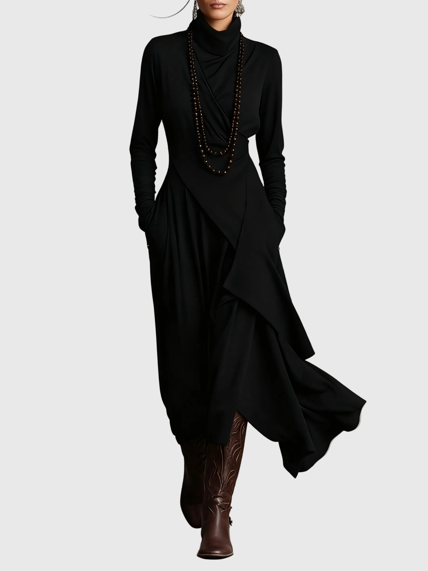 Woman wearing the Nancy draped high-neck maxi dress in violet with ankle boots.